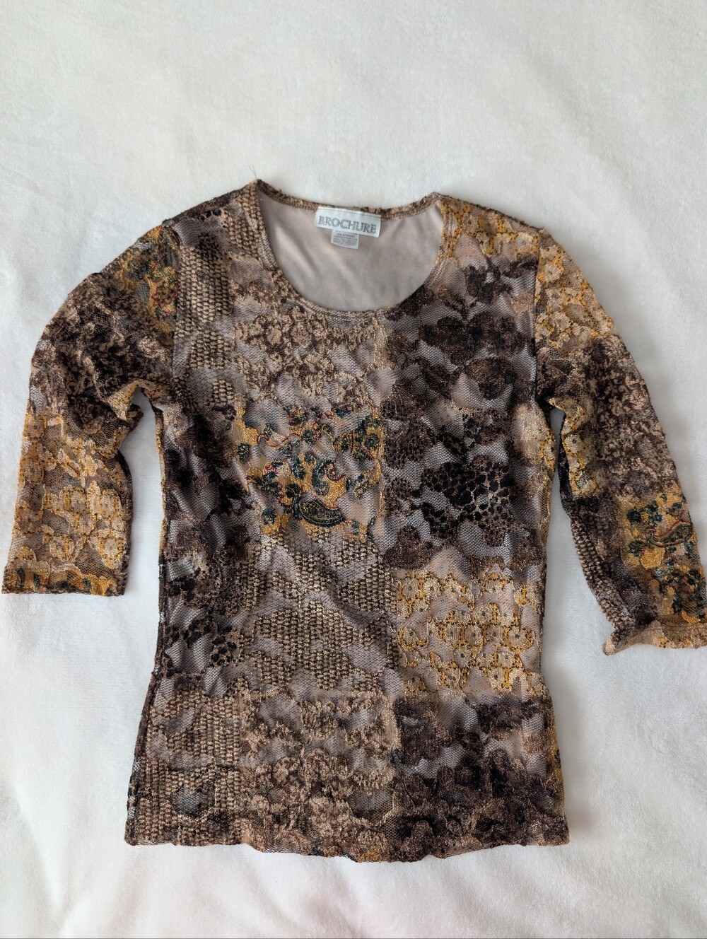 Vintage 90's Sheer Mixed-Print Top in Brown and Gold